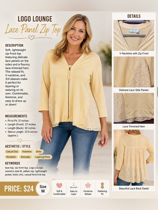 Logo Lounge Tops - Logo Lounge Lace Panel Zip Top - Yellow